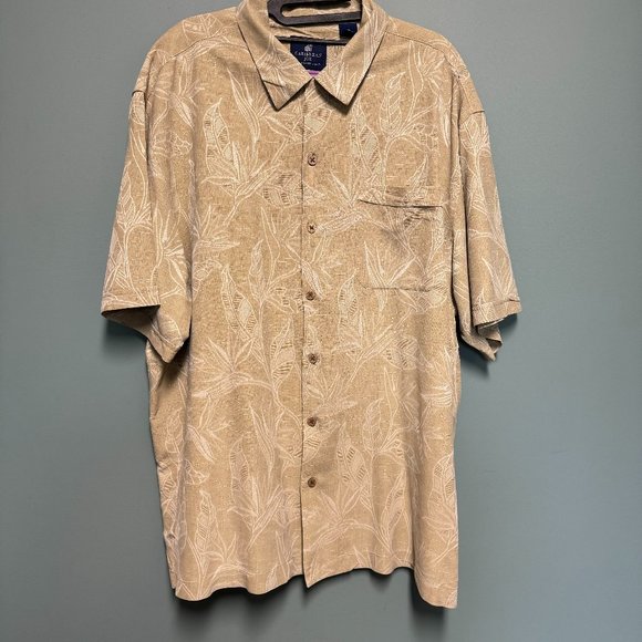 Caribbean Joe Hawaiian Button Up Shirt L 100% Silk Khaki Tropical Print XXL - Picture 1 of 11